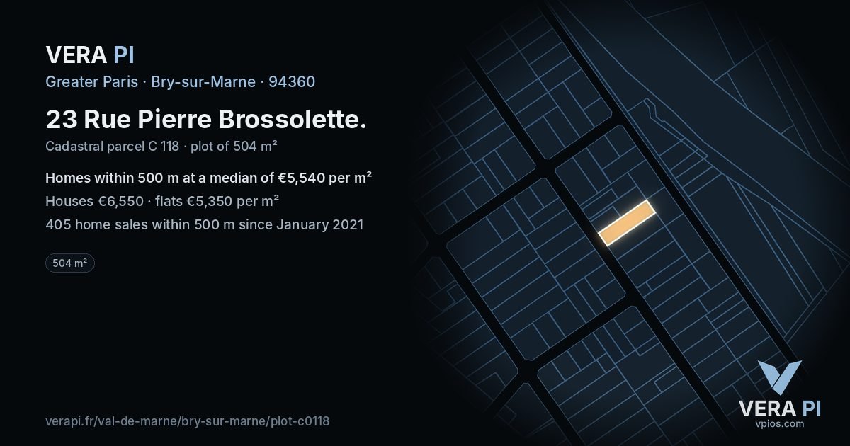 23 Rue Pierre Brossolette, Bry-sur-Marne at night – the plot lit, the parcels around coloured by the prices near them