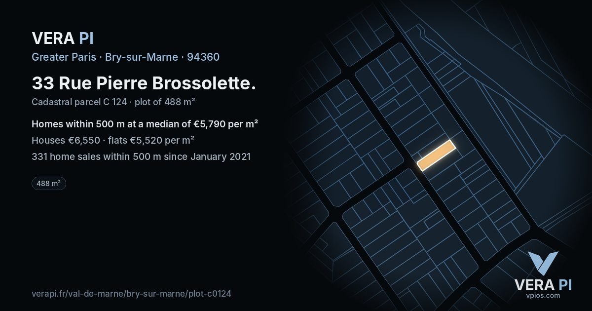 33 Rue Pierre Brossolette, Bry-sur-Marne at night – the plot lit, the parcels around coloured by the prices near them
