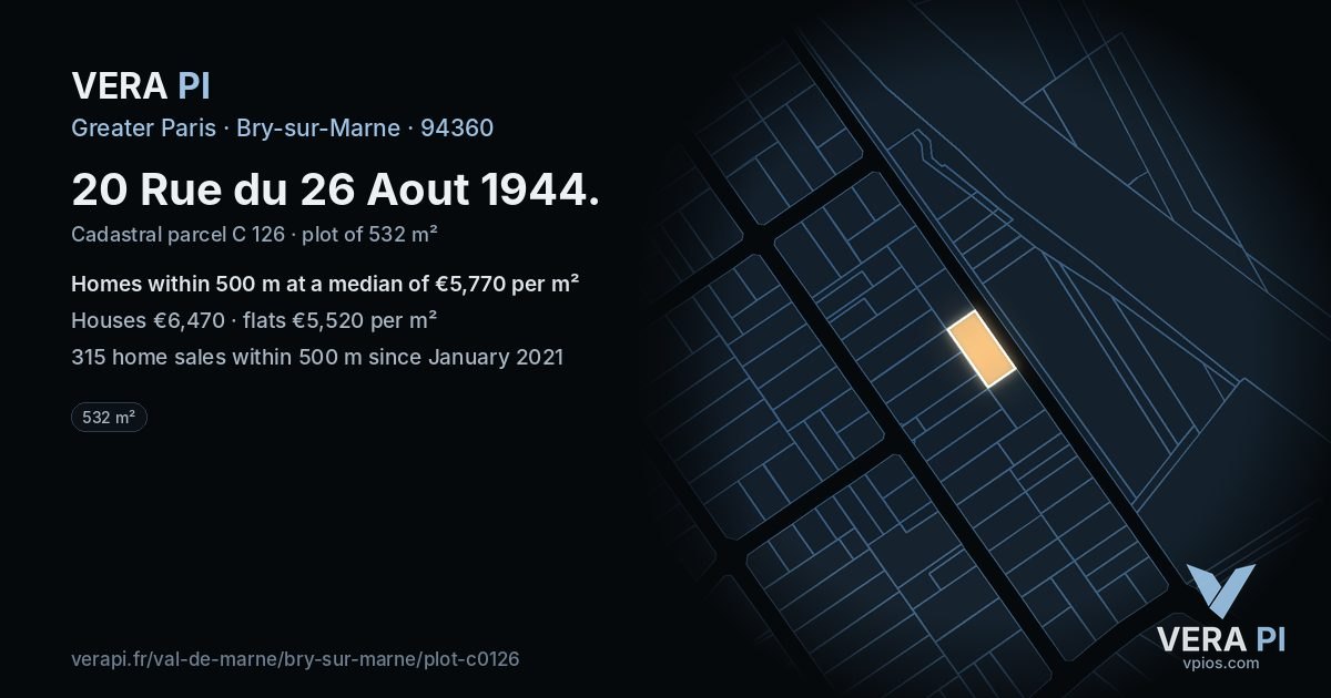20 Rue du 26 Aout 1944, Bry-sur-Marne at night – the plot lit, the parcels around coloured by the prices near them