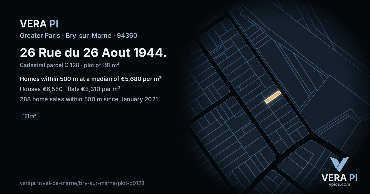 26 Rue du 26 Aout 1944, Bry-sur-Marne at night – the plot lit, the parcels around coloured by the prices near them