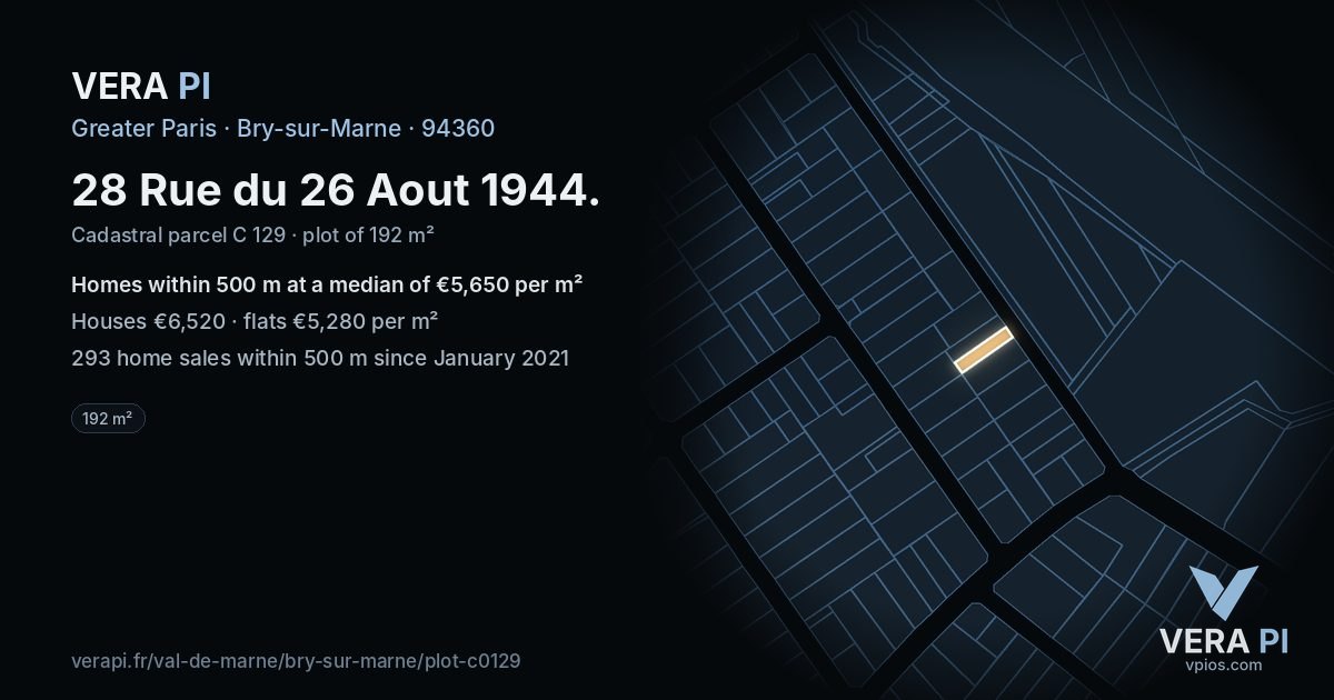 28 Rue du 26 Aout 1944, Bry-sur-Marne at night – the plot lit, the parcels around coloured by the prices near them