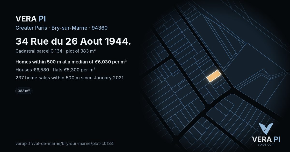 34 Rue du 26 Aout 1944, Bry-sur-Marne at night – the plot lit, the parcels around coloured by the prices near them