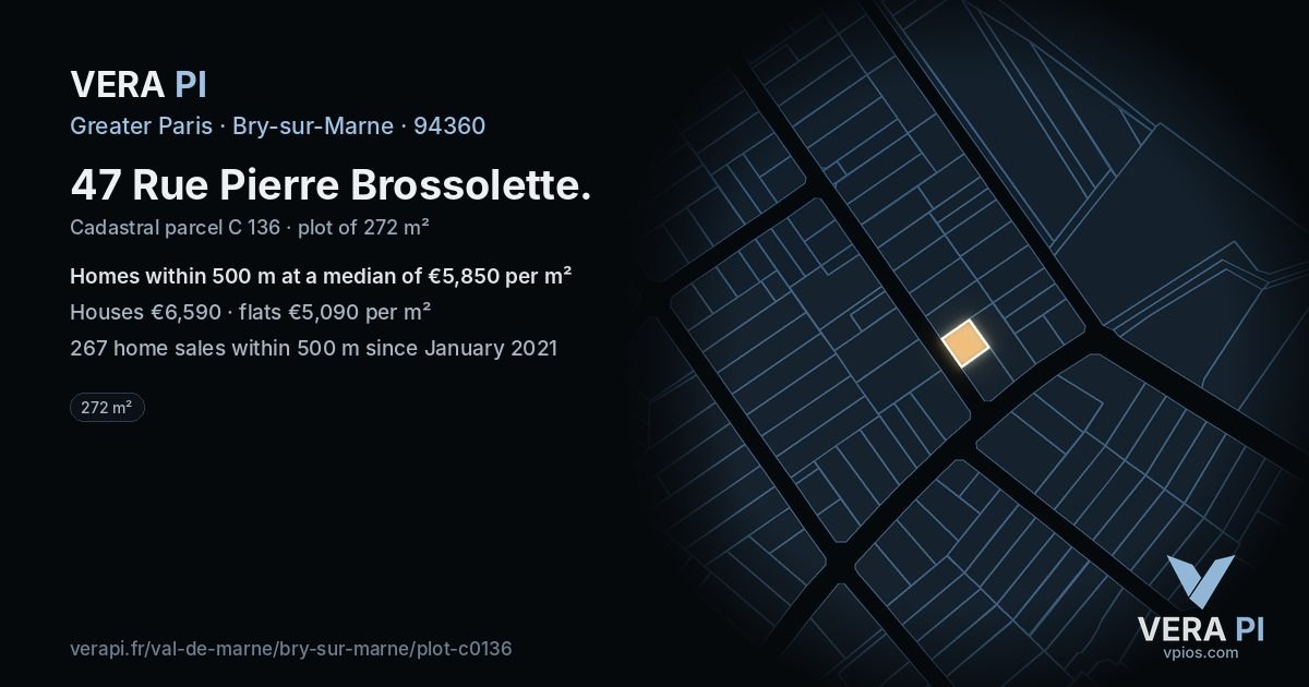 47 Rue Pierre Brossolette, Bry-sur-Marne at night – the plot lit, the parcels around coloured by the prices near them