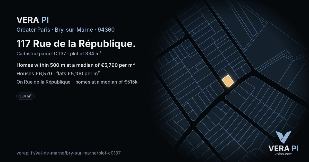 117 Rue de la République, Bry-sur-Marne at night – the plot lit, the parcels around coloured by the prices near them