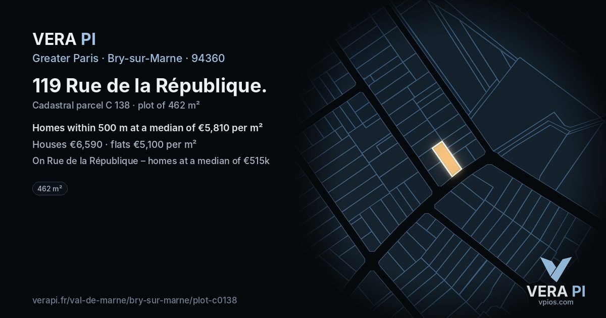 119 Rue de la République, Bry-sur-Marne at night – the plot lit, the parcels around coloured by the prices near them