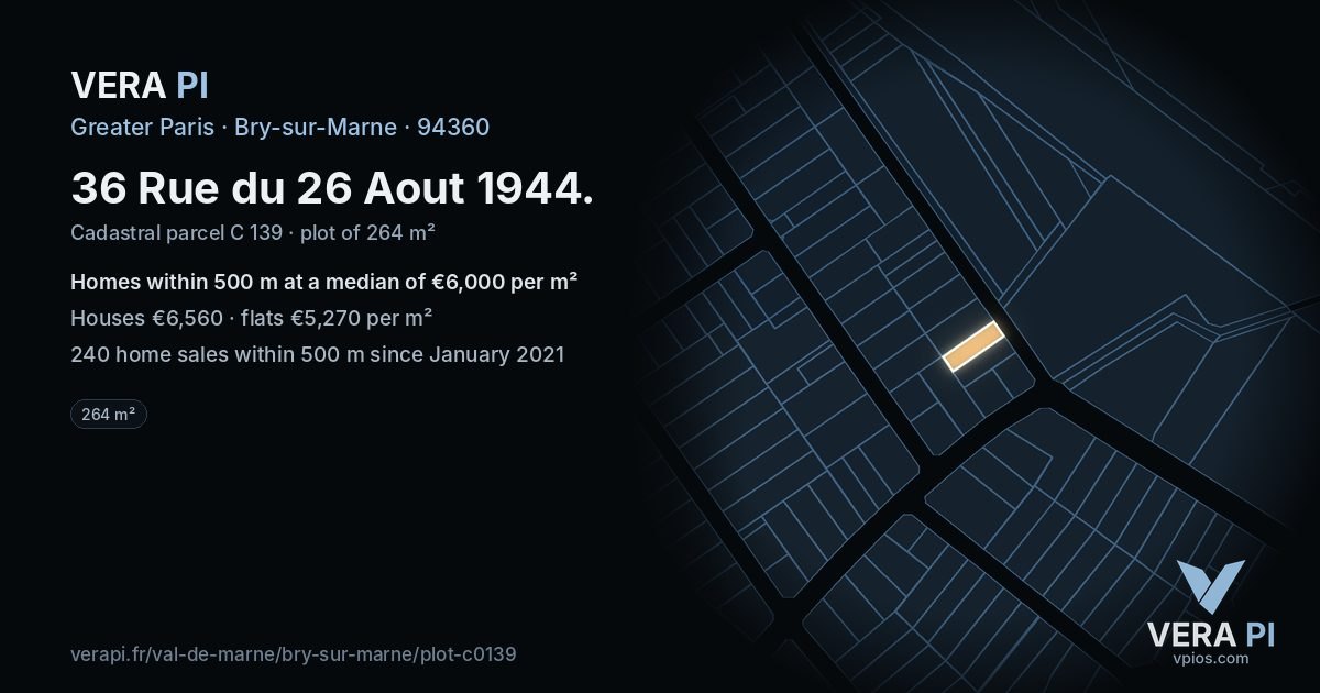 36 Rue du 26 Aout 1944, Bry-sur-Marne at night – the plot lit, the parcels around coloured by the prices near them