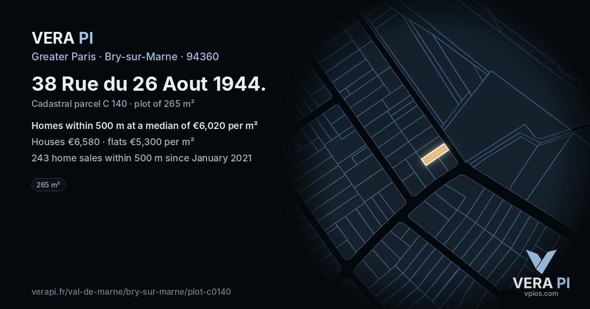 38 Rue du 26 Aout 1944, Bry-sur-Marne at night – the plot lit, the parcels around coloured by the prices near them