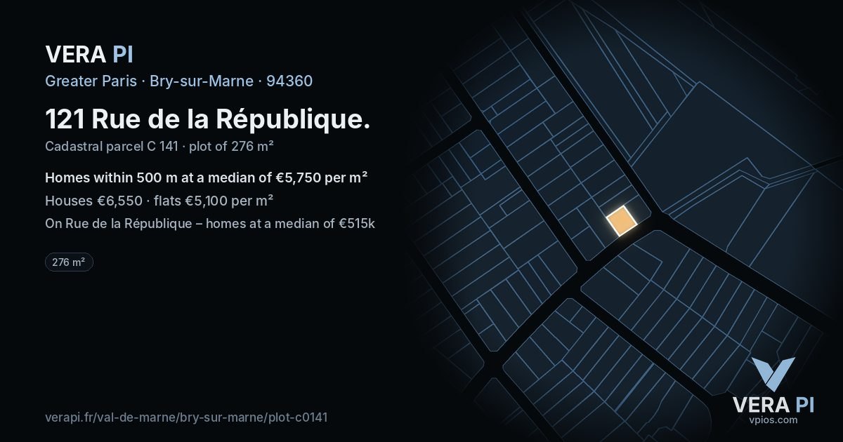 121 Rue de la République, Bry-sur-Marne at night – the plot lit, the parcels around coloured by the prices near them