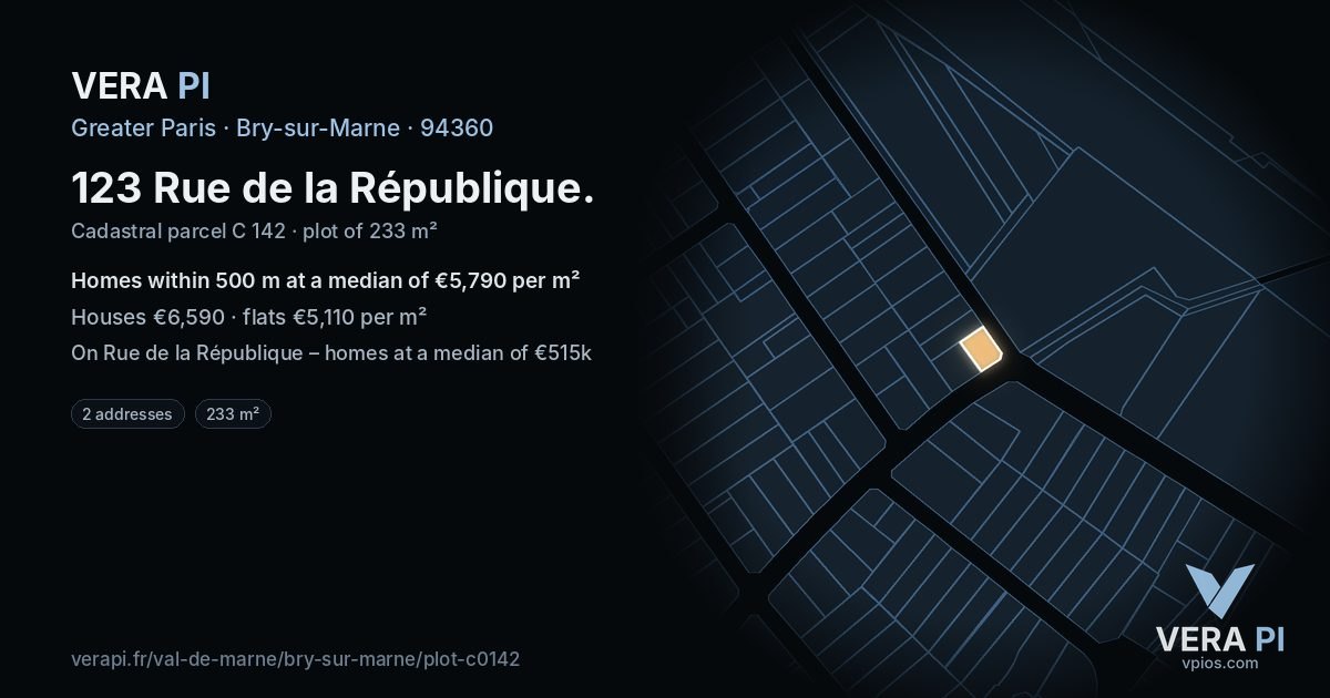 123 Rue de la République, Bry-sur-Marne at night – the plot lit, the parcels around coloured by the prices near them