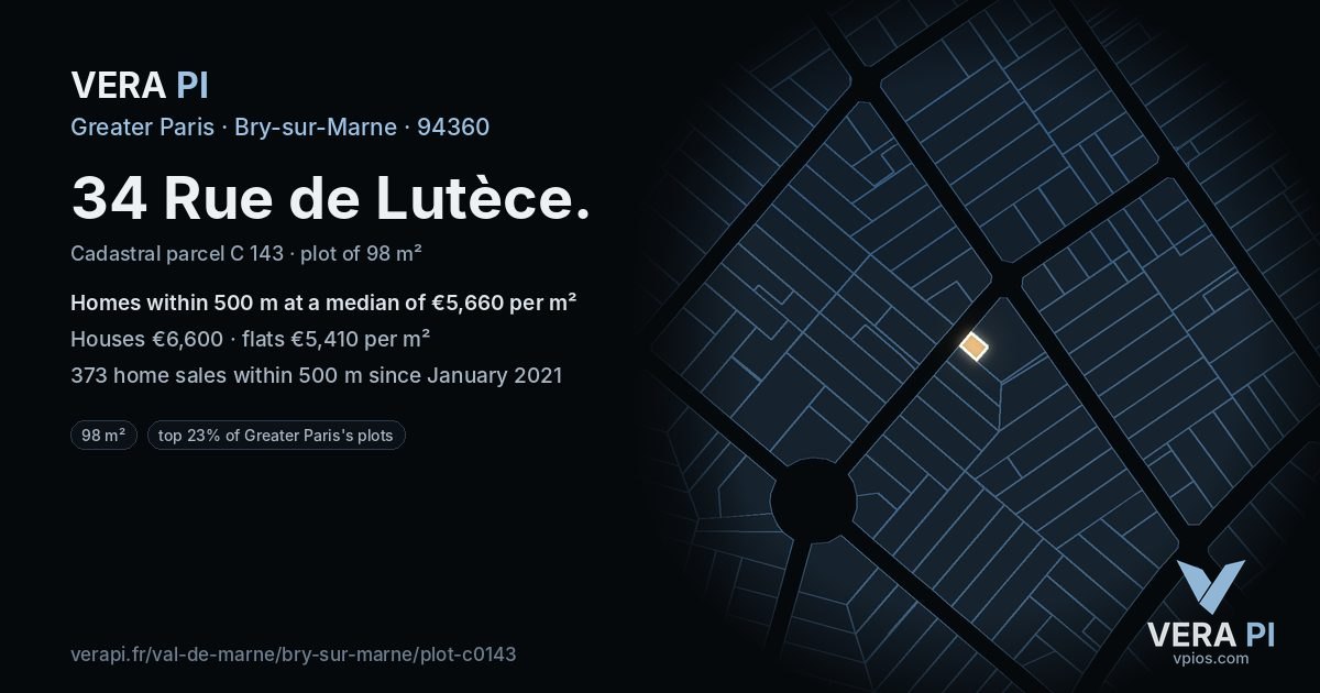 34 Rue de Lutèce, Bry-sur-Marne at night – the plot lit, the parcels around coloured by the prices near them