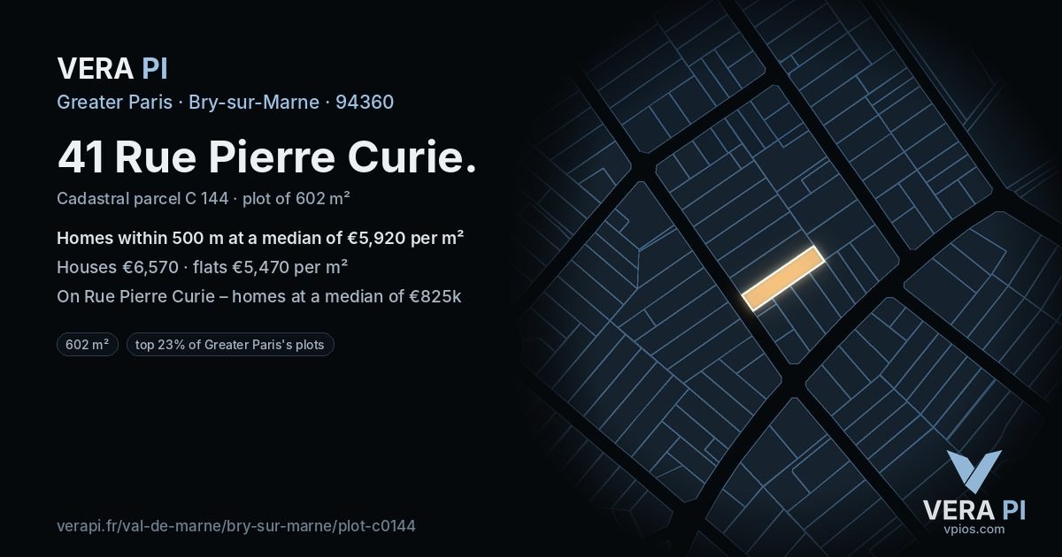 41 Rue Pierre Curie, Bry-sur-Marne at night – the plot lit, the parcels around coloured by the prices near them