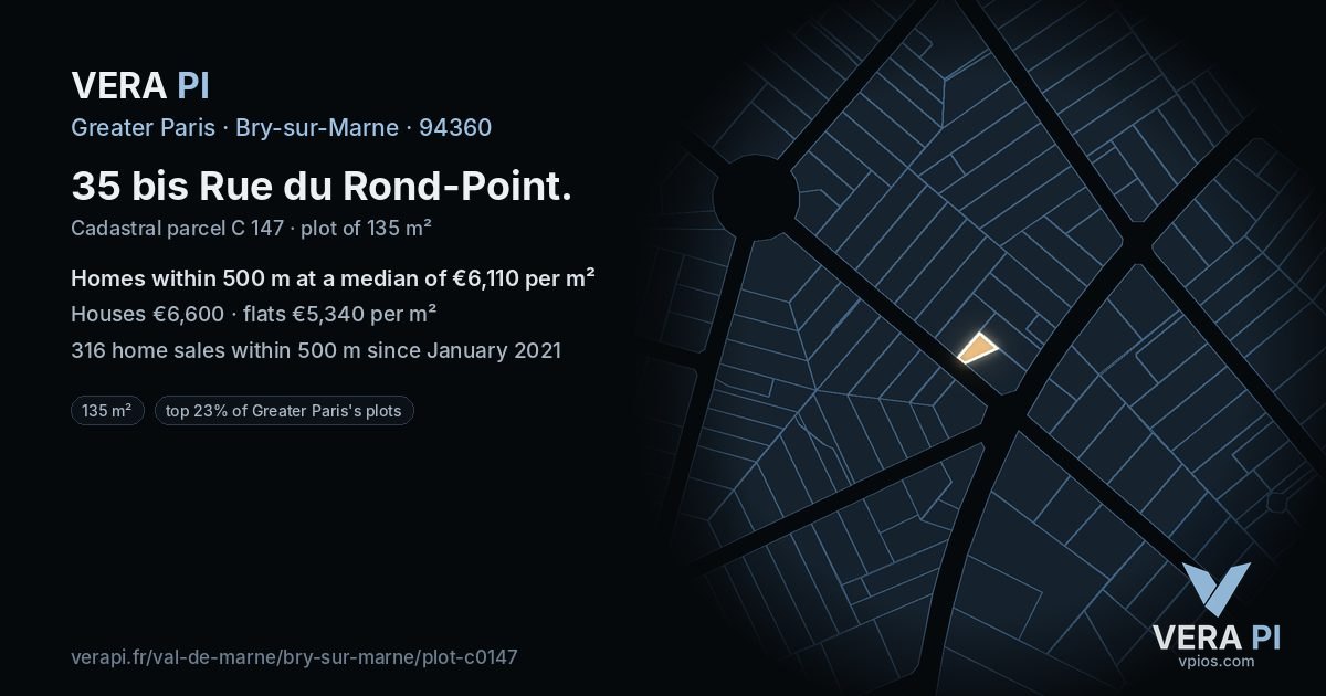 35 bis Rue du Rond-Point, Bry-sur-Marne at night – the plot lit, the parcels around coloured by the prices near them