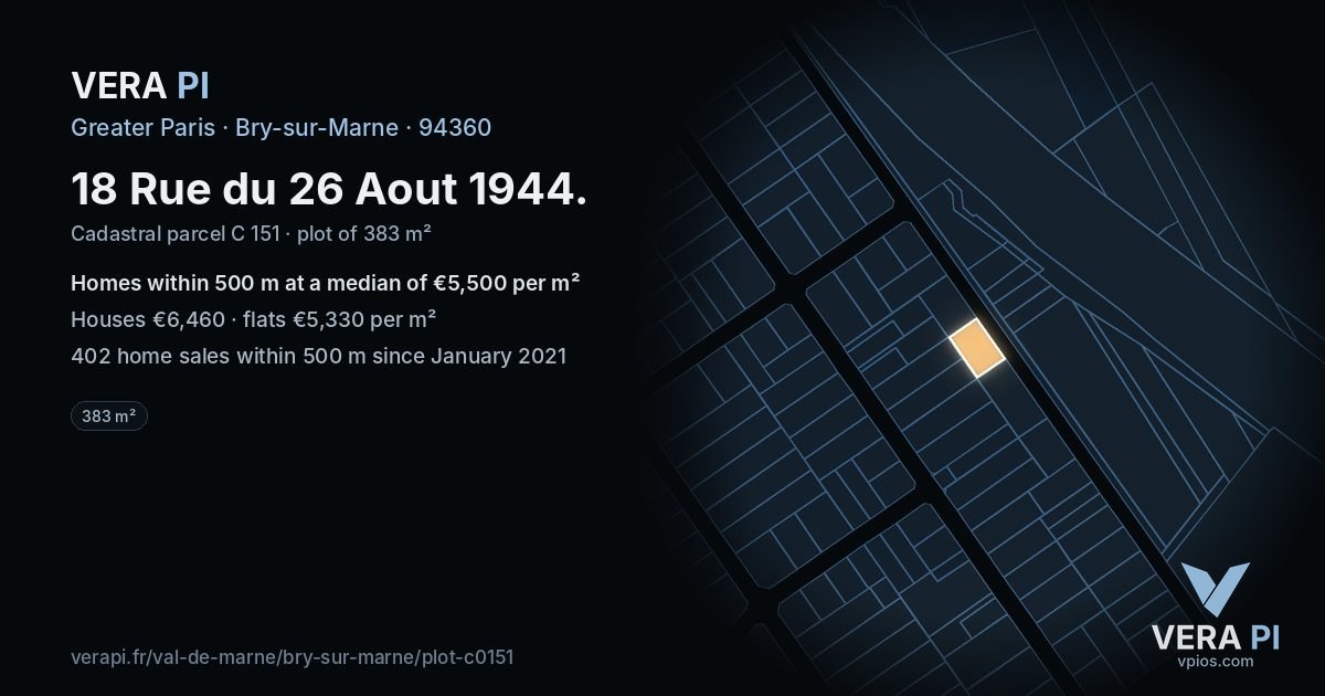 18 Rue du 26 Aout 1944, Bry-sur-Marne at night – the plot lit, the parcels around coloured by the prices near them