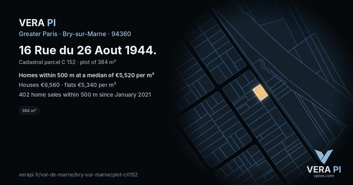 16 Rue du 26 Aout 1944, Bry-sur-Marne at night – the plot lit, the parcels around coloured by the prices near them