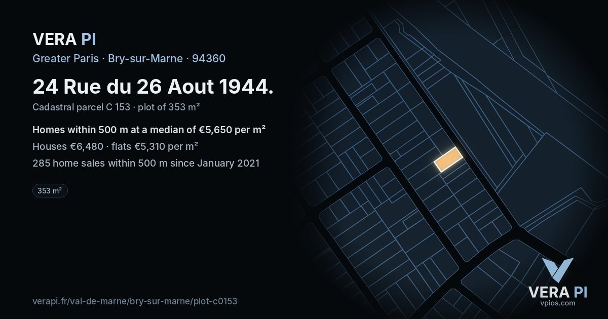 24 Rue du 26 Aout 1944, Bry-sur-Marne at night – the plot lit, the parcels around coloured by the prices near them