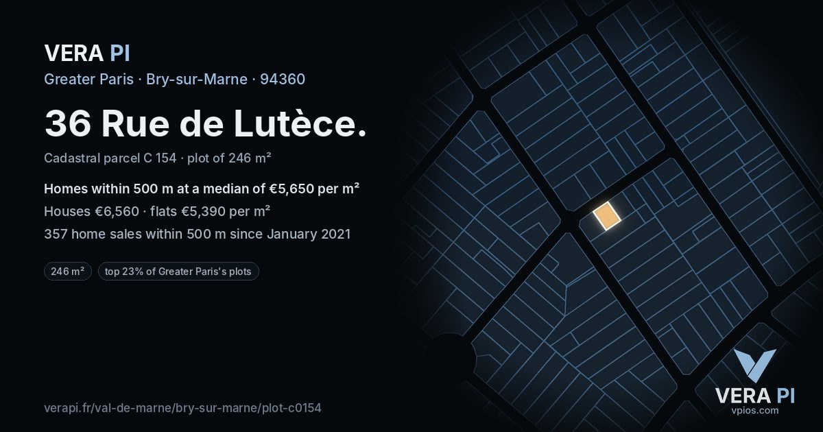 36 Rue de Lutèce, Bry-sur-Marne at night – the plot lit, the parcels around coloured by the prices near them