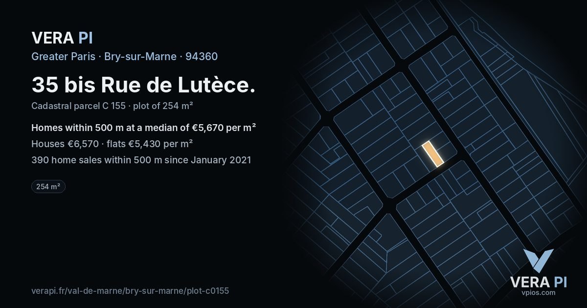 35 bis Rue de Lutèce, Bry-sur-Marne at night – the plot lit, the parcels around coloured by the prices near them