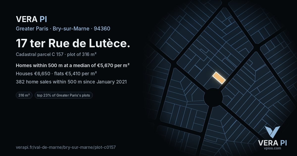 17 ter Rue de Lutèce, Bry-sur-Marne at night – the plot lit, the parcels around coloured by the prices near them