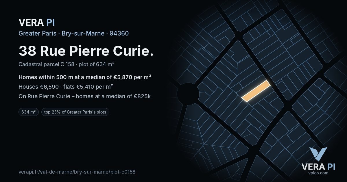 38 Rue Pierre Curie, Bry-sur-Marne at night – the plot lit, the parcels around coloured by the prices near them