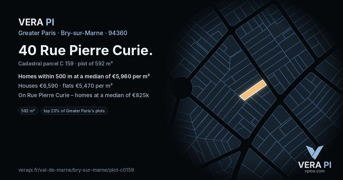 40 Rue Pierre Curie, Bry-sur-Marne at night – the plot lit, the parcels around coloured by the prices near them