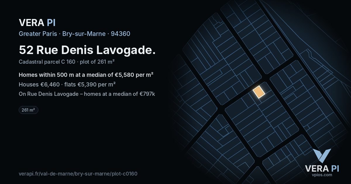 52 Rue Denis Lavogade, Bry-sur-Marne at night – the plot lit, the parcels around coloured by the prices near them
