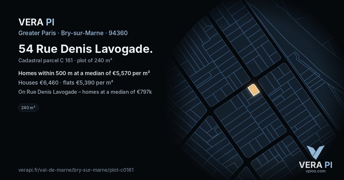 54 Rue Denis Lavogade, Bry-sur-Marne at night – the plot lit, the parcels around coloured by the prices near them