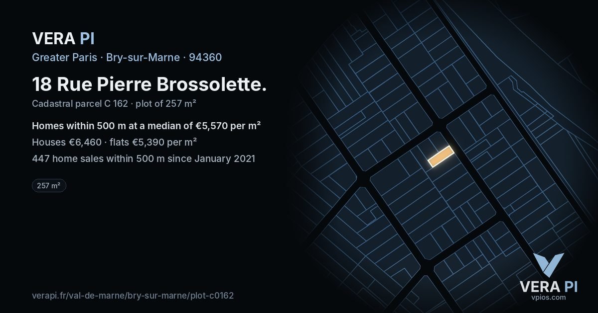 18 Rue Pierre Brossolette, Bry-sur-Marne at night – the plot lit, the parcels around coloured by the prices near them