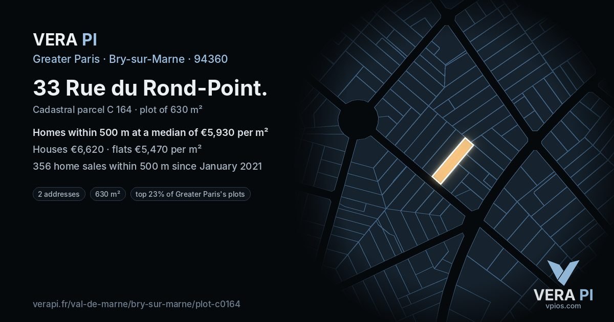 33 Rue du Rond-Point, Bry-sur-Marne at night – the plot lit, the parcels around coloured by the prices near them