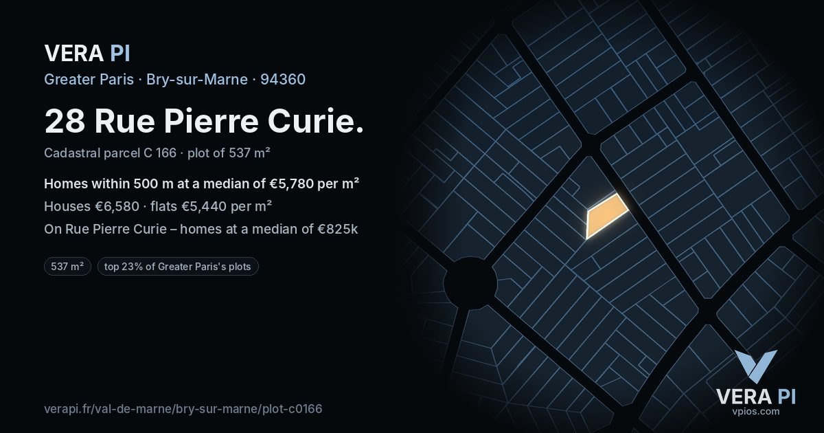 28 Rue Pierre Curie, Bry-sur-Marne at night – the plot lit, the parcels around coloured by the prices near them