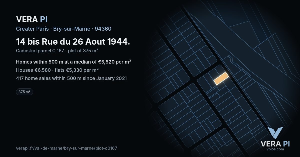 14 bis Rue du 26 Aout 1944, Bry-sur-Marne at night – the plot lit, the parcels around coloured by the prices near them
