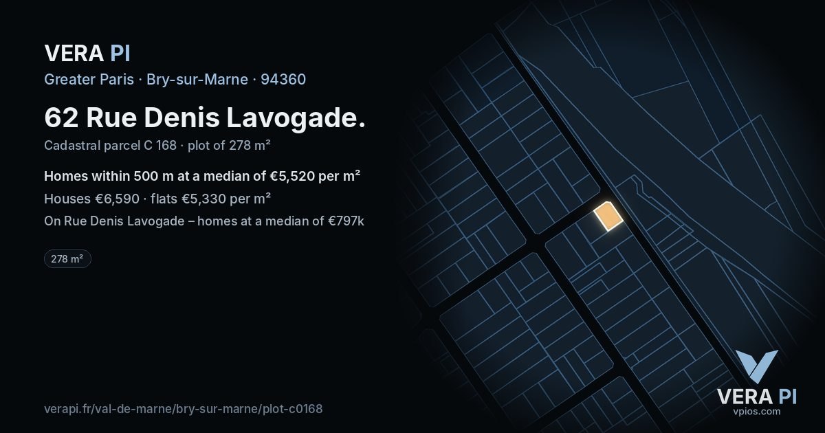 62 Rue Denis Lavogade, Bry-sur-Marne at night – the plot lit, the parcels around coloured by the prices near them