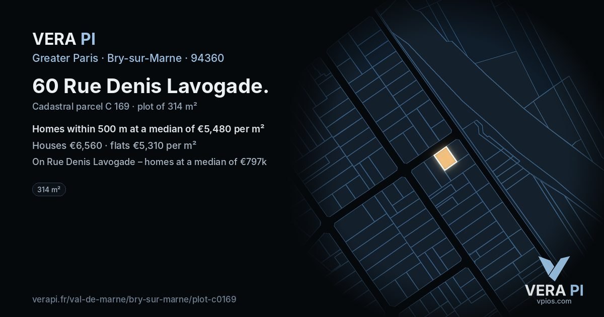 60 Rue Denis Lavogade, Bry-sur-Marne at night – the plot lit, the parcels around coloured by the prices near them