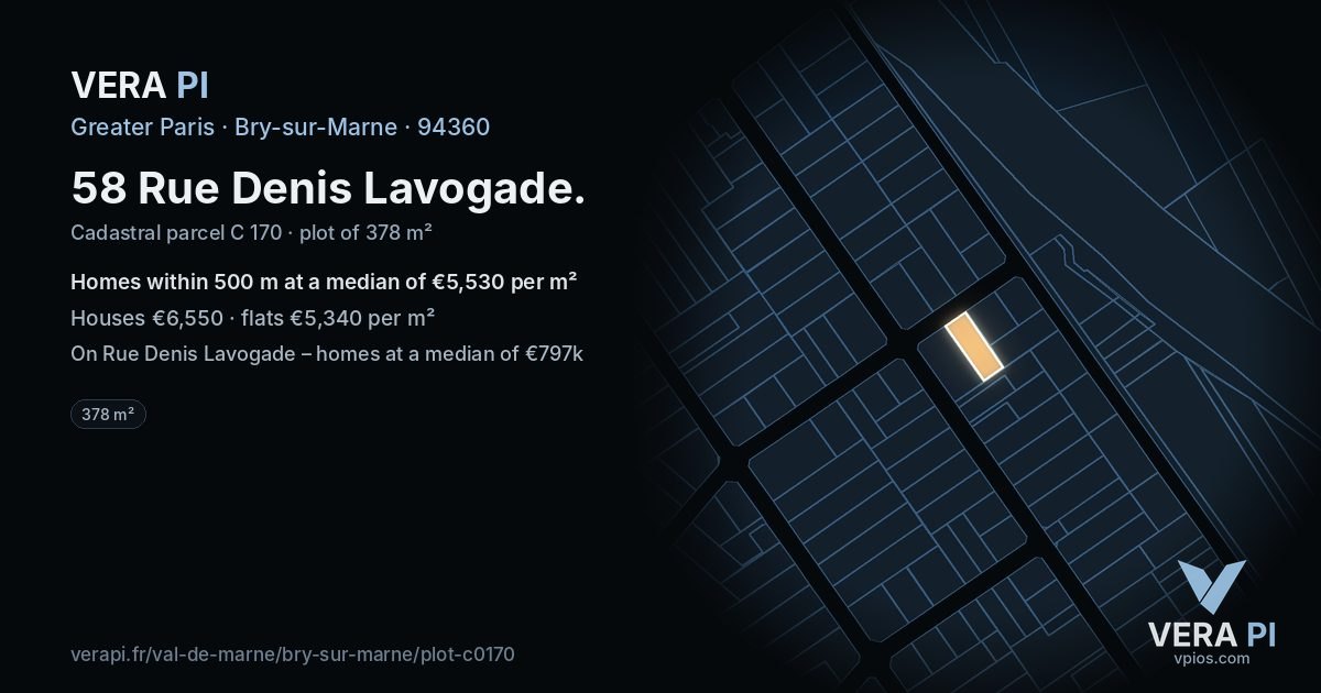 58 Rue Denis Lavogade, Bry-sur-Marne at night – the plot lit, the parcels around coloured by the prices near them