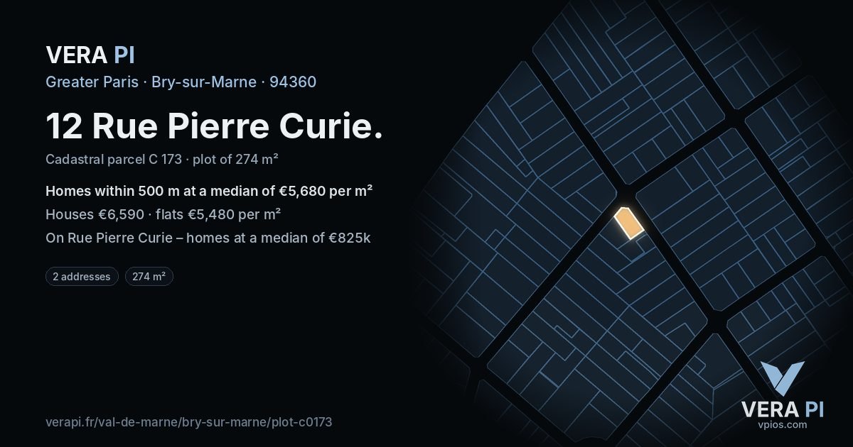 12 Rue Pierre Curie, Bry-sur-Marne at night – the plot lit, the parcels around coloured by the prices near them