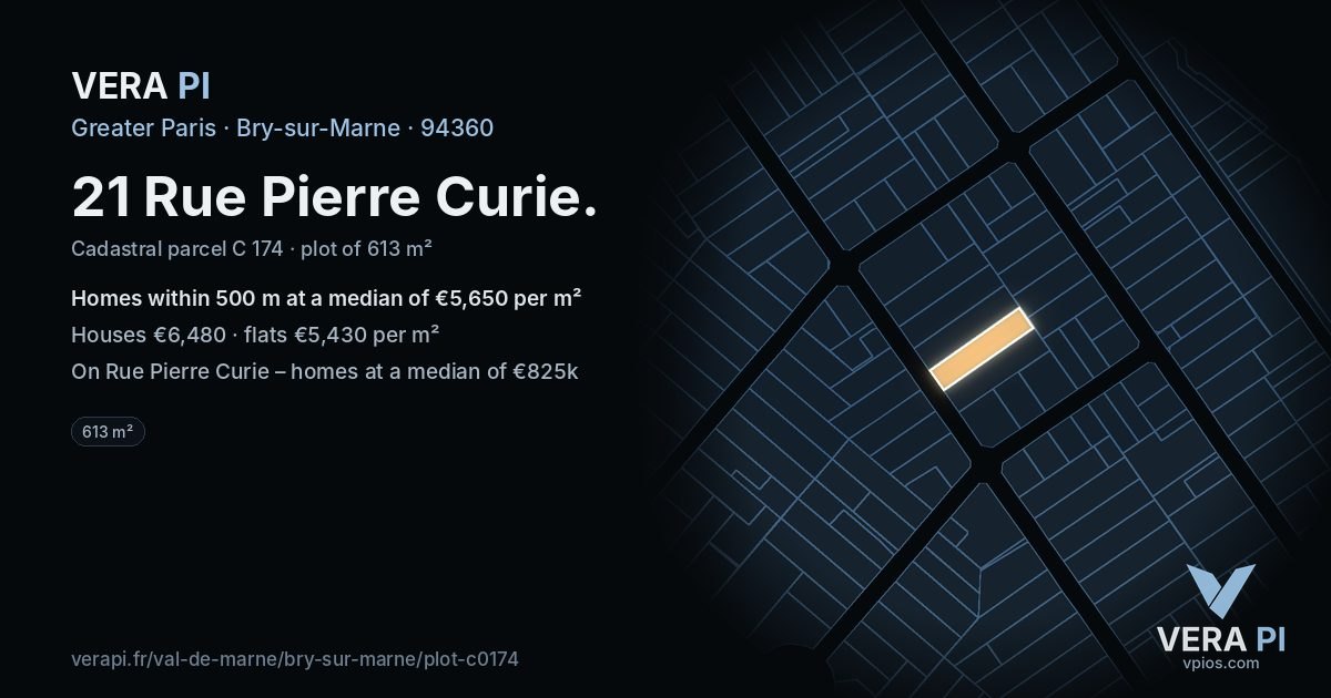 21 Rue Pierre Curie, Bry-sur-Marne at night – the plot lit, the parcels around coloured by the prices near them