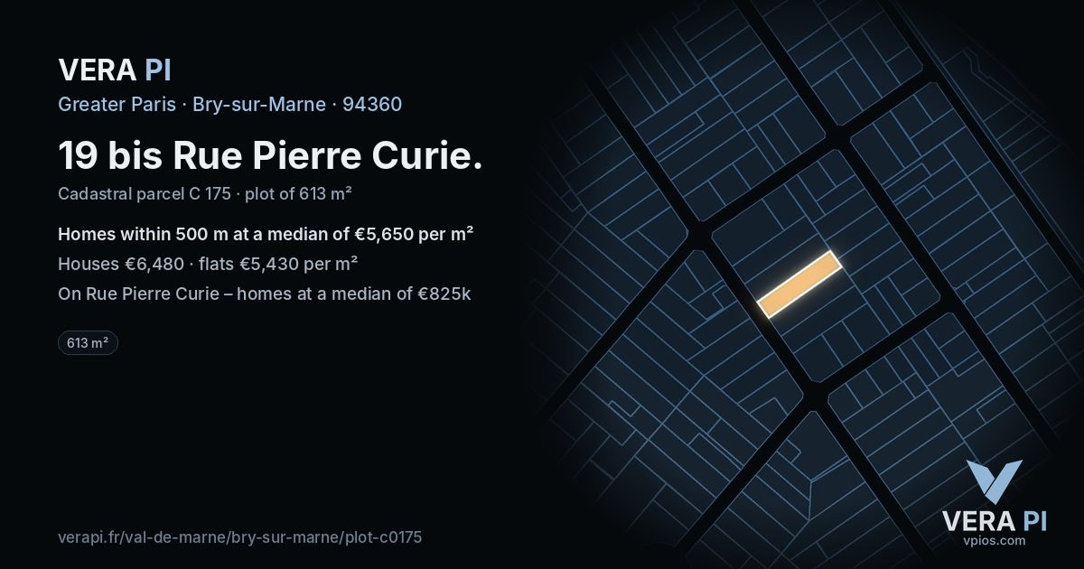 19 bis Rue Pierre Curie, Bry-sur-Marne at night – the plot lit, the parcels around coloured by the prices near them