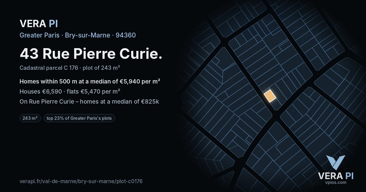 43 Rue Pierre Curie, Bry-sur-Marne at night – the plot lit, the parcels around coloured by the prices near them