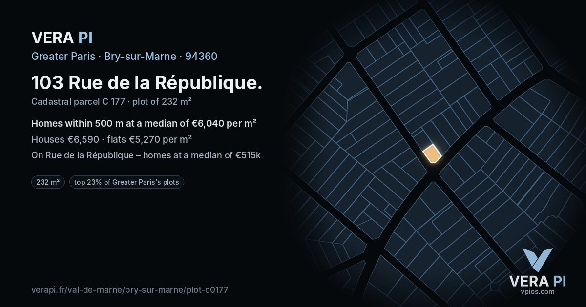 103 Rue de la République, Bry-sur-Marne at night – the plot lit, the parcels around coloured by the prices near them