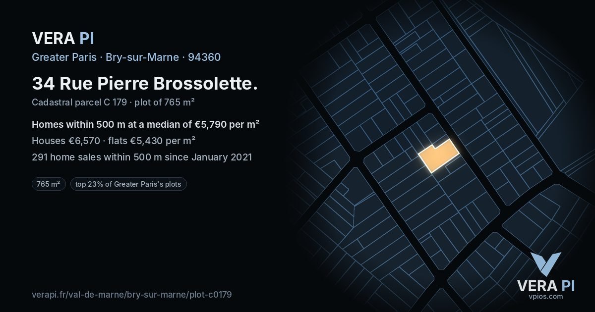 34 Rue Pierre Brossolette, Bry-sur-Marne at night – the plot lit, the parcels around coloured by the prices near them