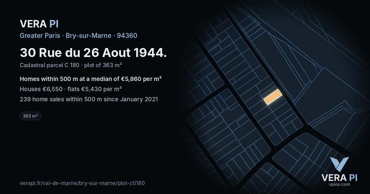 30 Rue du 26 Aout 1944, Bry-sur-Marne at night – the plot lit, the parcels around coloured by the prices near them