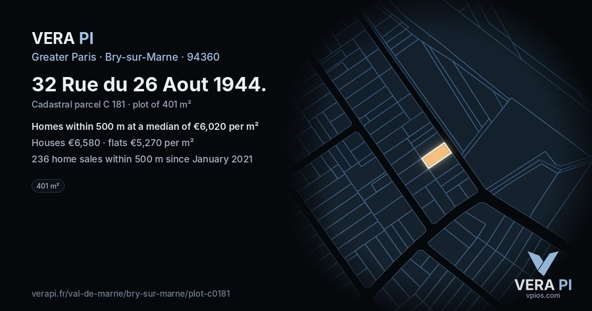 32 Rue du 26 Aout 1944, Bry-sur-Marne at night – the plot lit, the parcels around coloured by the prices near them