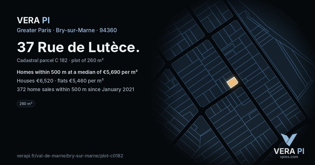 37 Rue de Lutèce, Bry-sur-Marne at night – the plot lit, the parcels around coloured by the prices near them