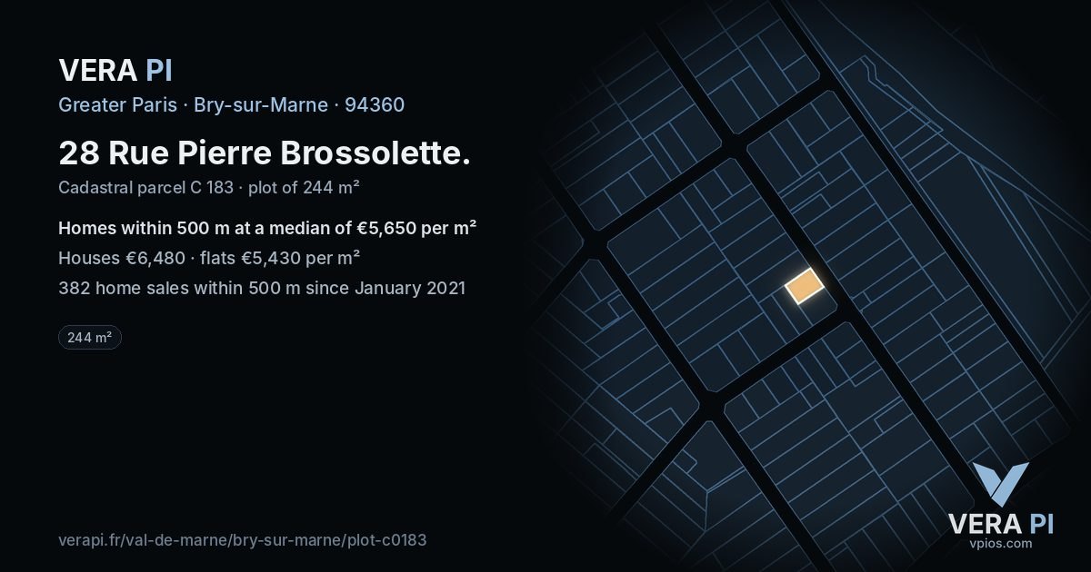 28 Rue Pierre Brossolette, Bry-sur-Marne at night – the plot lit, the parcels around coloured by the prices near them