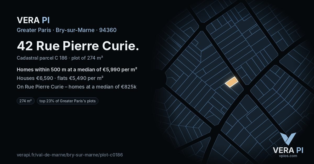 42 Rue Pierre Curie, Bry-sur-Marne at night – the plot lit, the parcels around coloured by the prices near them