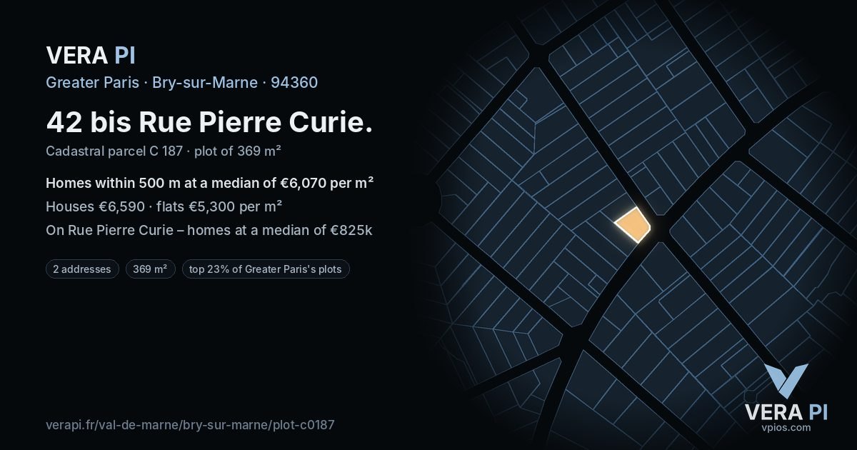 42 bis Rue Pierre Curie, Bry-sur-Marne at night – the plot lit, the parcels around coloured by the prices near them