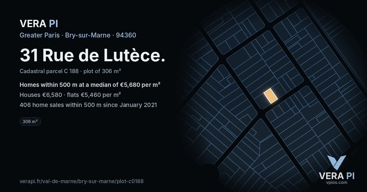 31 Rue de Lutèce, Bry-sur-Marne at night – the plot lit, the parcels around coloured by the prices near them