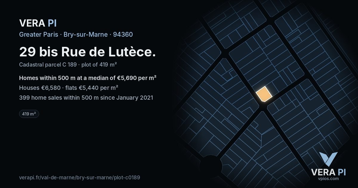 29 bis Rue de Lutèce, Bry-sur-Marne at night – the plot lit, the parcels around coloured by the prices near them