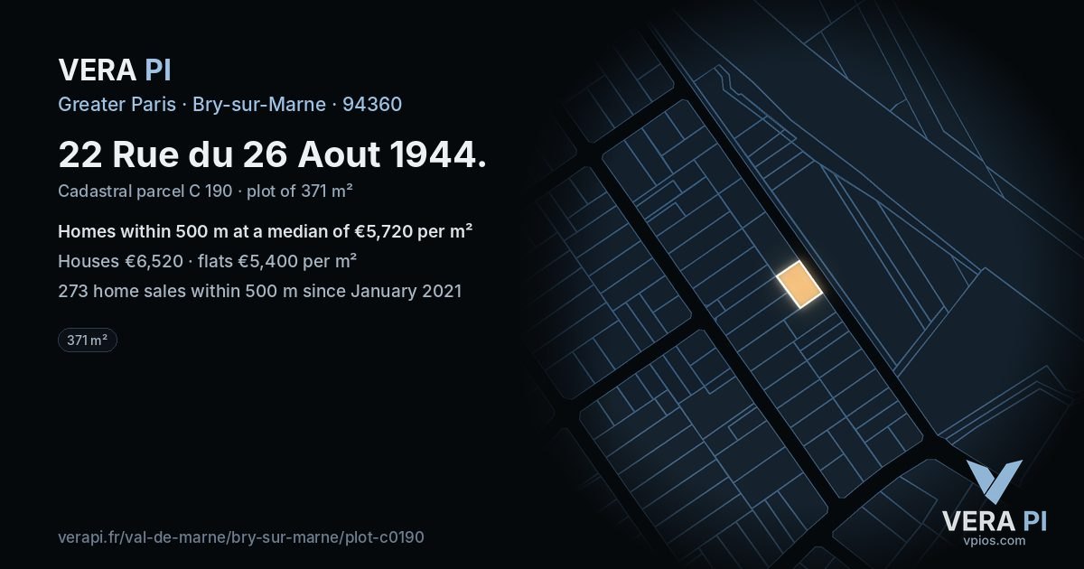 22 Rue du 26 Aout 1944, Bry-sur-Marne at night – the plot lit, the parcels around coloured by the prices near them