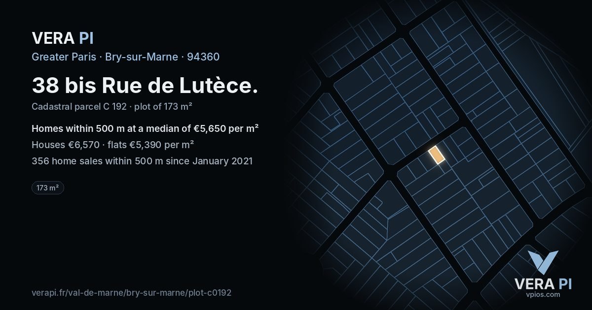38 bis Rue de Lutèce, Bry-sur-Marne at night – the plot lit, the parcels around coloured by the prices near them