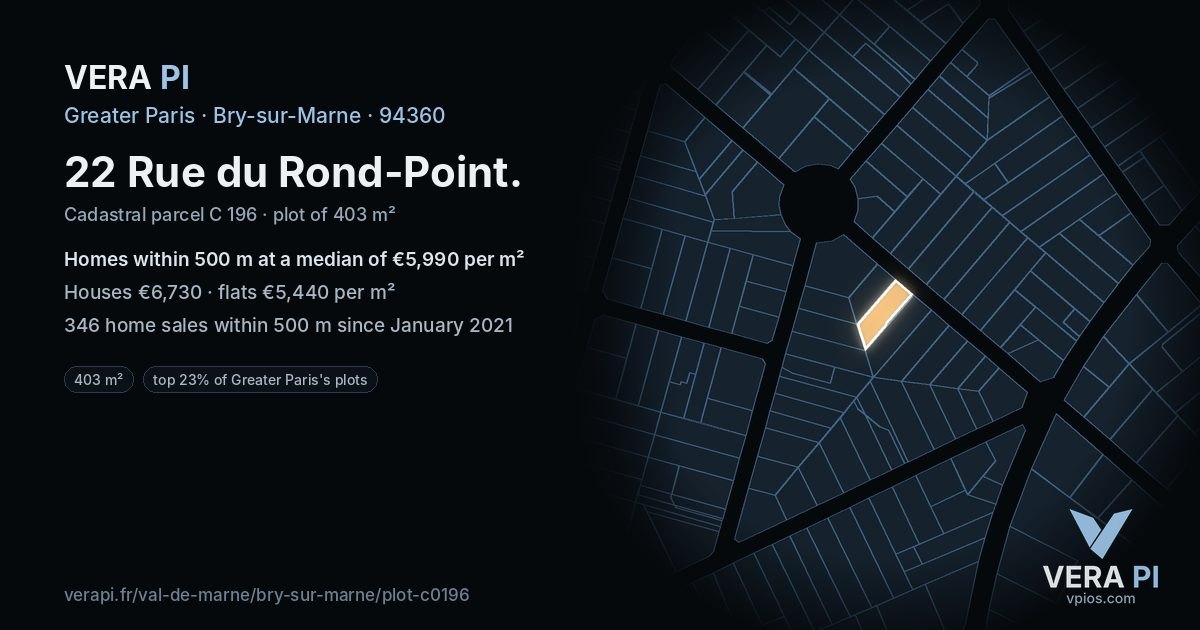 22 Rue du Rond-Point, Bry-sur-Marne at night – the plot lit, the parcels around coloured by the prices near them